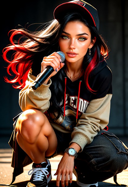 Woman wears streetwear with baggy pants, sneakers, a cap, urban fashion details, and minimal accessories. she is wear…