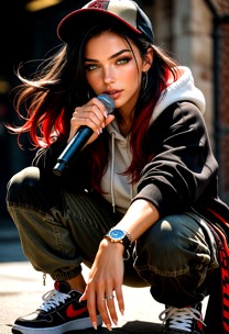 she's looking at the user performing a rap with lyrics "Three seconds, one flow,
Step in the spot—watch me go!"