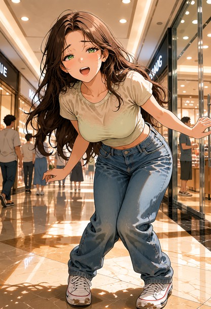 Location: bright afternoon in a crowded mall corridor with polished marble floors and warm overhead lights reflecting…