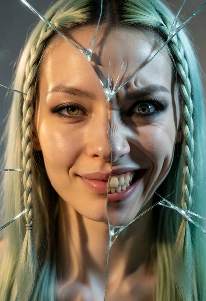 Psychological, split personality, dramatic, shattered mirror, cinematic lighting. A face split vertically by an irreg…