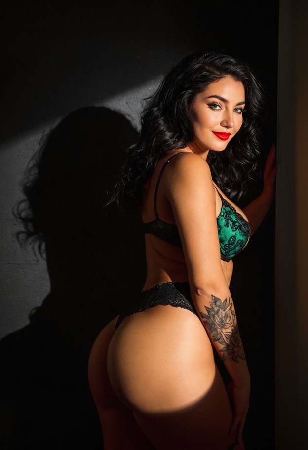 she is is smiling,black lace lingerie,dimly lit room,dark walls,shadows,looking at viewer,eye level,ambient lighting