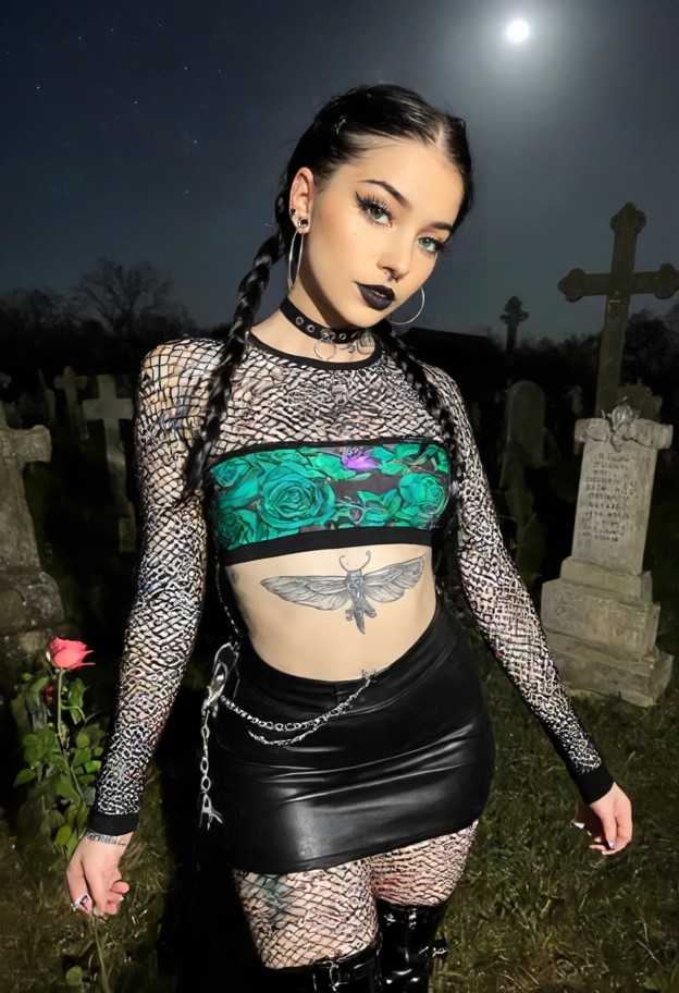ivy is walking through the graveyard,graphic crop top,black mesh long sleeve,black cargo skirt,fishnet tights,chunky …