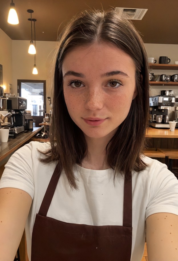 she is is standing behind the counter fidgeting with her apron strings,white t-shirt,brown fabric apron,coffee shop,w…