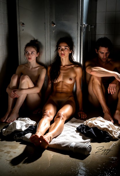 A small tiled changing room in the middle of the night, the strip light off, the only light a hard slice under the sh…