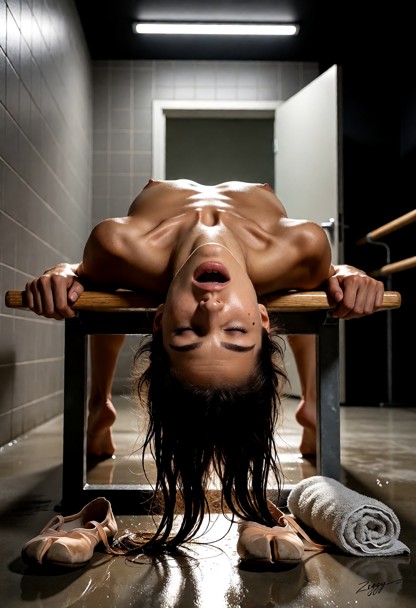 A small tiled changing room at night, one hard strip light on the ceiling, the corners of the room black. The camera …