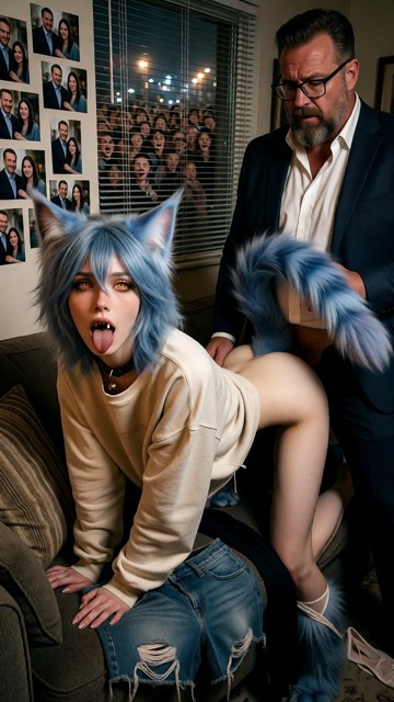 She is on all fours with her back arched as an adult man penetrates her ass from behind, her mouth open in a gasp., T…