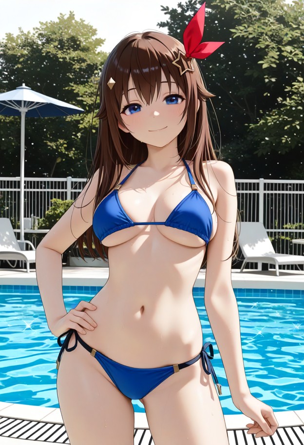 1girl,solo,standing,facing_viewer,hand_on_own_hip,blue bikini,happy smile,embarrassed,blushing,front view,full-body v…