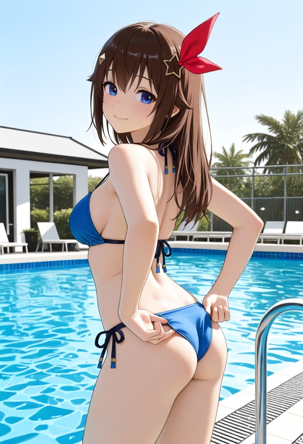 1girl,solo,standing,back to camera,looking back at camera,warm smile,blushing,adjusting bikini,sky blue bikini,outsid…