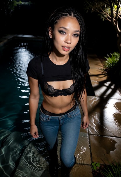 Location: night in the dark outdoor pool area of the chalet, where the pale moonlight ripples across the water and th…