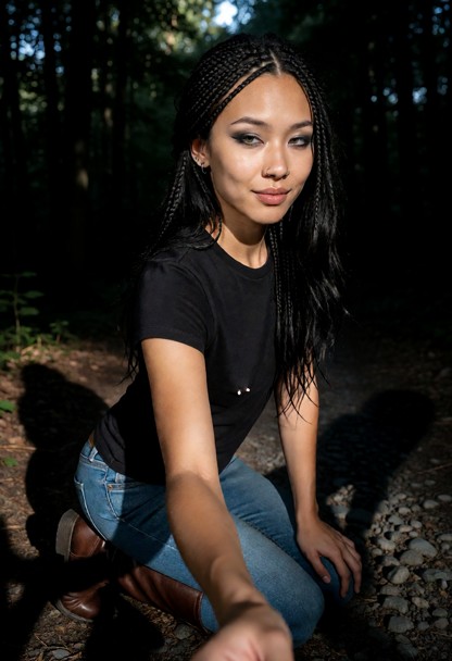 Location: evening on a dimly lit forest path with scattered stones and shadows cast by the moonlight filtering throug…