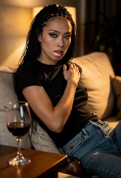 Location: evening inside a cozy, dimly lit living room where warm amber light from a lamp creates soft highlights on …
