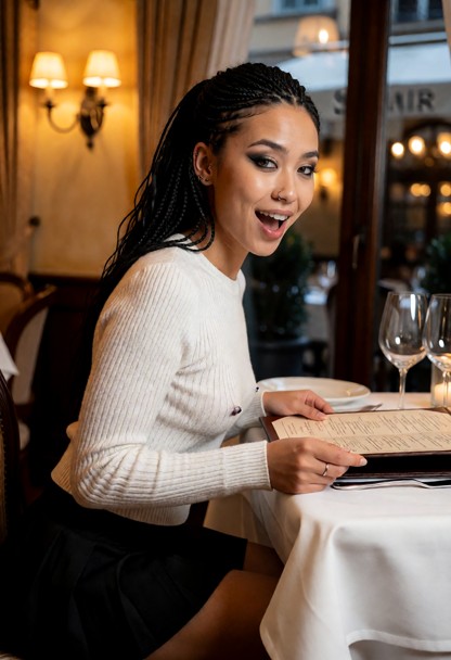 Location: late evening inside a warm and elegant Italian restaurant with soft amber light spilling from wall sconces …