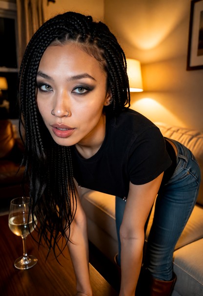 Location: evening inside a cozy, dimly lit living room where warm amber light from a lamp creates soft highlights on …