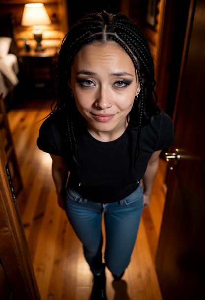 Location: night inside the warm and dimly lit hallway of the chalet, where soft amber light from an indoor lamp spill…