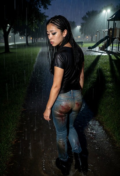 Location: evening in a public park near a playground, with the dim, cool twilight fading into darkness and distant, h…