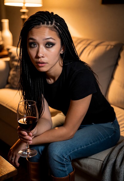 Location: evening inside a cozy, dimly lit living room where warm amber light from a lamp creates soft highlights on …