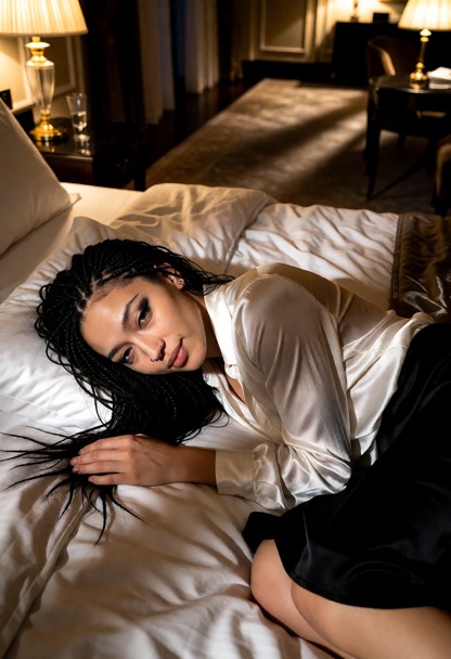 Location: late night in a dimly lit, opulent hotel suite where soft amber light from bedside lamps spills across the …