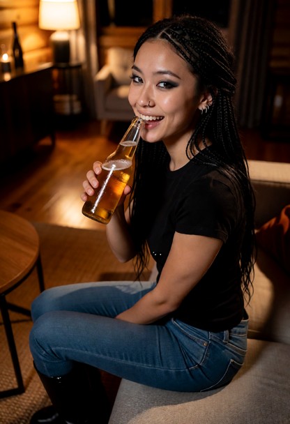 Location: night inside the warm and dimly lit living room of the chalet, where soft amber light from a lamp casts a g…