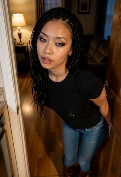 Location: evening inside a cozy, dimly lit house entrance where warm light from a nearby lamp casts long, soft shadow…