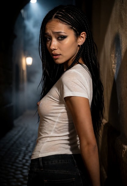 Location: night in a dimly lit, mysterious street corner with soft moonlight casting long shadows and a faint ambient…
