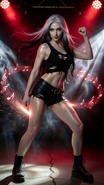Melody stands on a cracked concrete stage under blood-red spotlights and swirling white beams, wearing a torn black t…