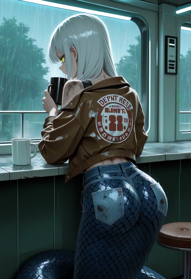 1girl from behind view,ripped faded blue jeans,dirty grey tank top,worn brown leather jacket,clutching white ceramic …
