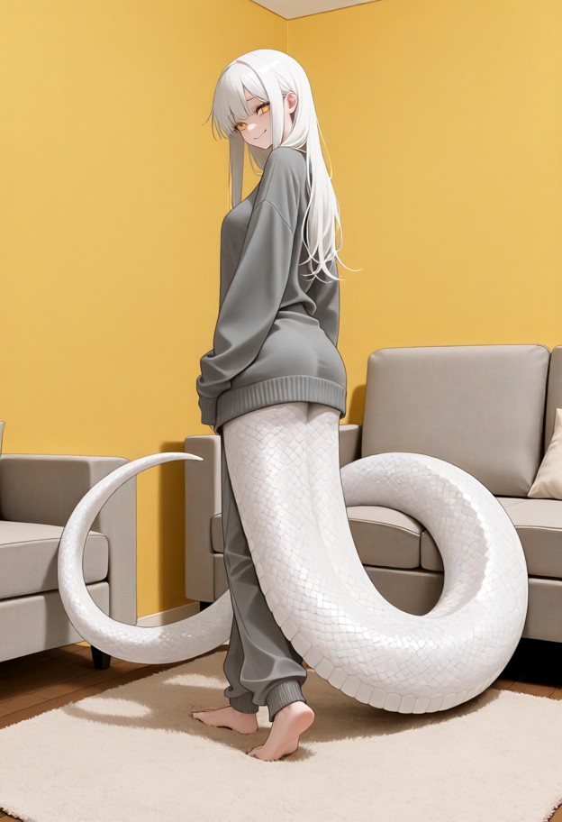 1girl walking,gray sweatpants,oversized sweater shy smile,looking down,living room,beige carpet,yellow walls,solo