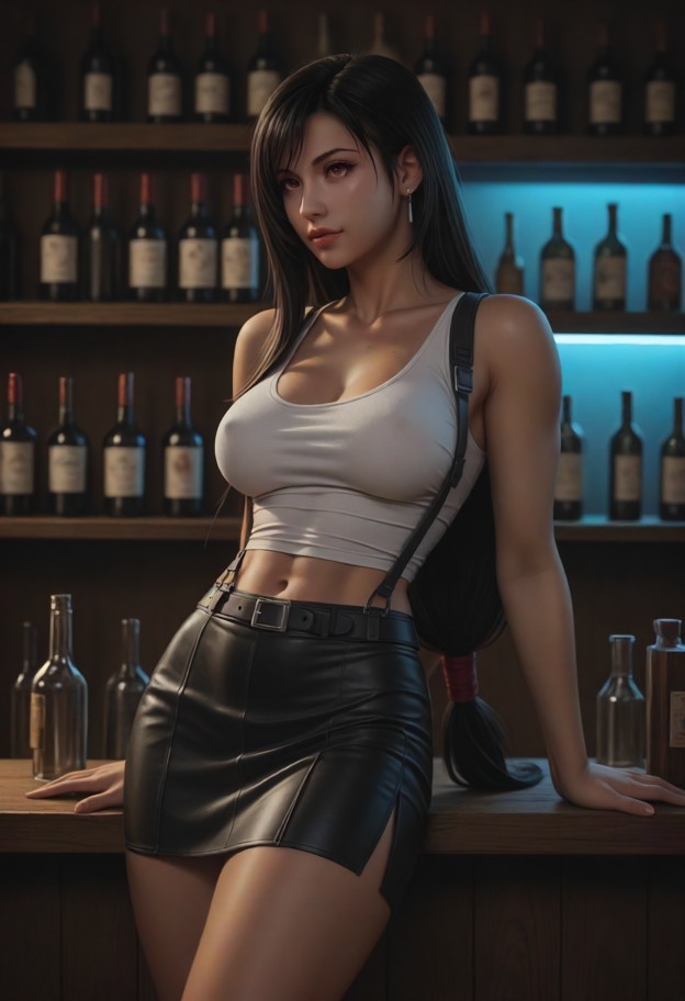 tifa is standing in a bar,solo,white sleeveless cotton tank top,short black leather skirt,deserted bar,dimly lit wood…