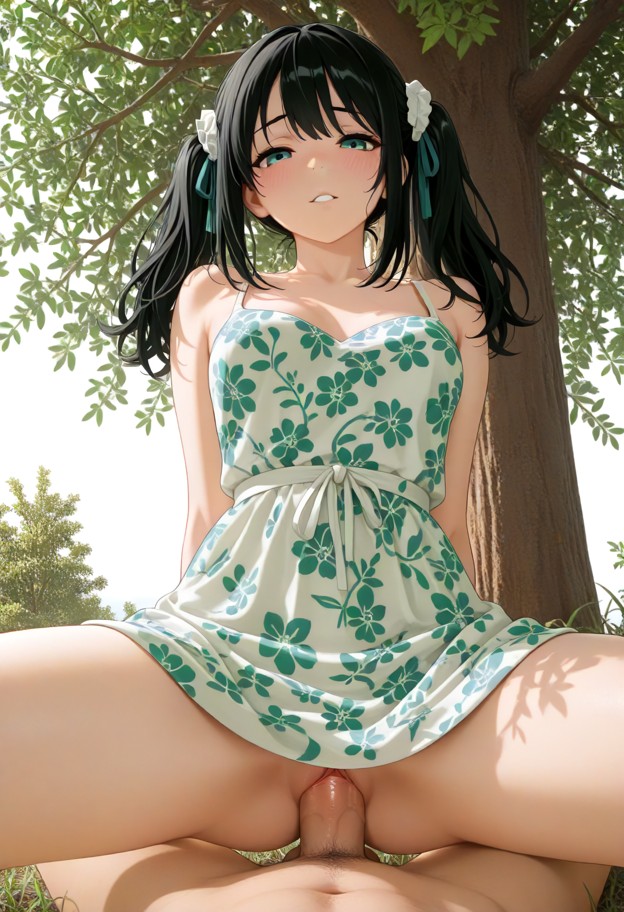 akari being penetrated in cowgirl position,she is,1guy,penis,pov,,orgasm_face,floral patterned cotton dress,bunched d…
