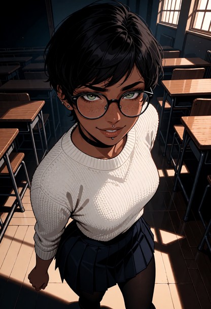 Location: a quiet, dimly lit lecture hall in the late afternoon with rows of wooden desks and shadows stretching acro…