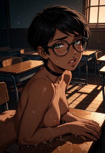 Zara is slumped over a wooden desk. She trembles and heaves her chest while pushing herself up slightly to look back …