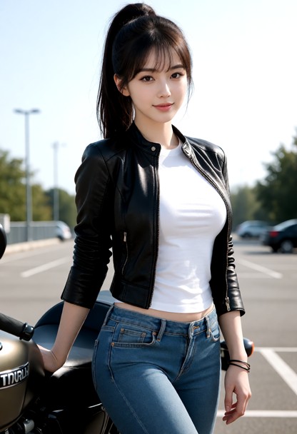 tall, slender figure, long legs, thin waist, wide hips, big breasts, oval face, large clear eyes, dark brown irises, …