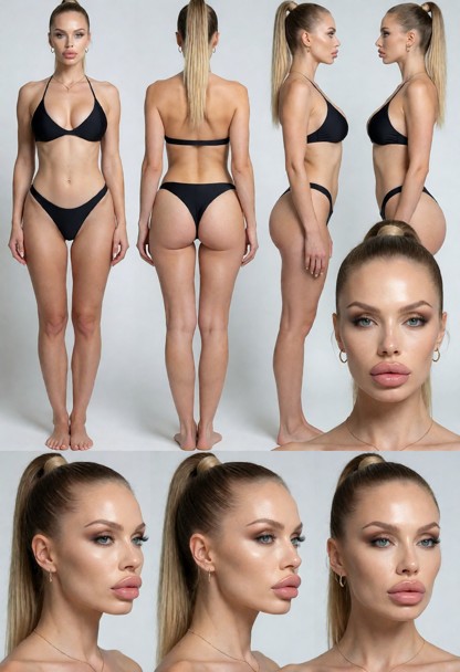 Skin must be clean and flawless: no tattoos, no scars, no marks, no blemishes. Wearing a minimal bikini black, perfec…