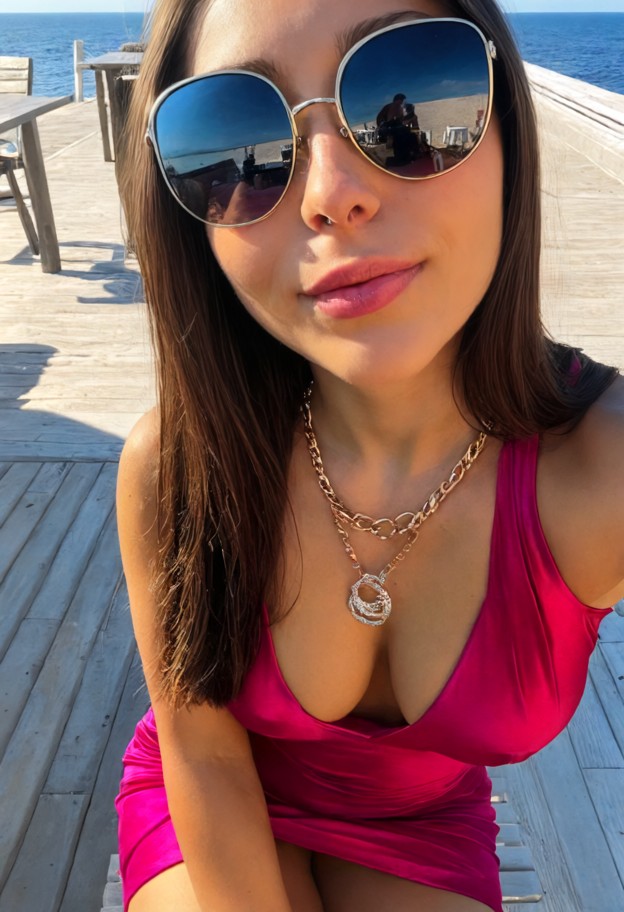 1girl sipping wine,pink silk dress,gold necklace,red lips,black sunglasses,leaning forward,beach bar,white wooden tab…