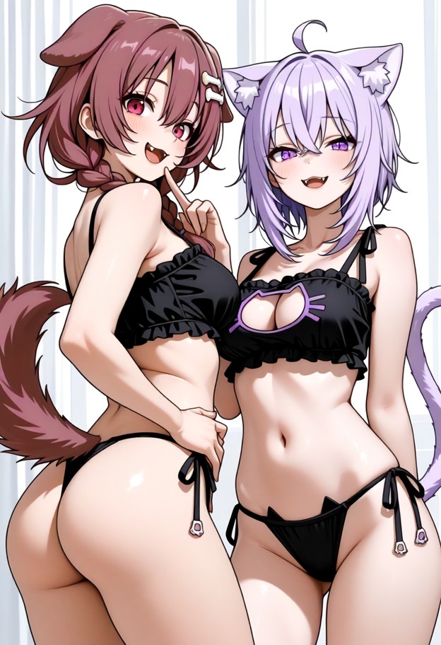 multiple_girls,2girls,ass,underwear,bra,panties,navel,breasts,cat_lingerie,black_bra,black_panties,looking_at_viewer,…