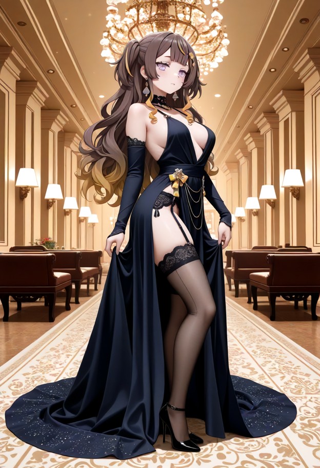 a she is is standing in a ballroom,wearing an evening dress with a slit,garter belt,stockings,and stiletto heels,ball…