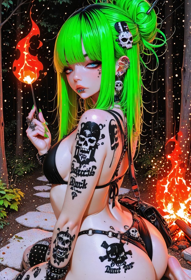 she crouches by a tiny campfire almost topless besides a white cotton brasserie,poking the flames with a stick. the s…