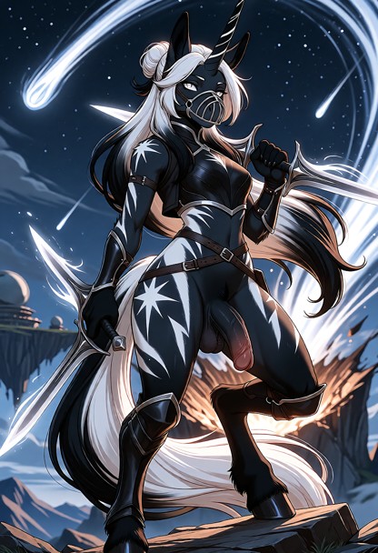 Create a high-end anime-realism fantasy portrait featuring exactly one adult character: Night Comet, an adult female …