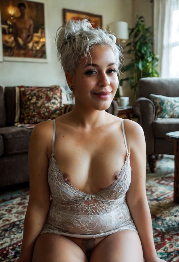 solo,wearing dress,pulling bra down (revealing nipples) front view,facing viewer,flirty,subtle smile,direct gaze,soft…