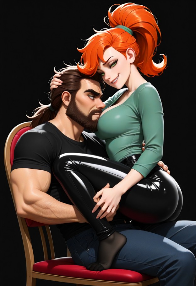1girl,petite,tight short sleeve green shirt,shiny tight black pants,no_shoes,sitting in chair,1guy,black shirt,jeans,…