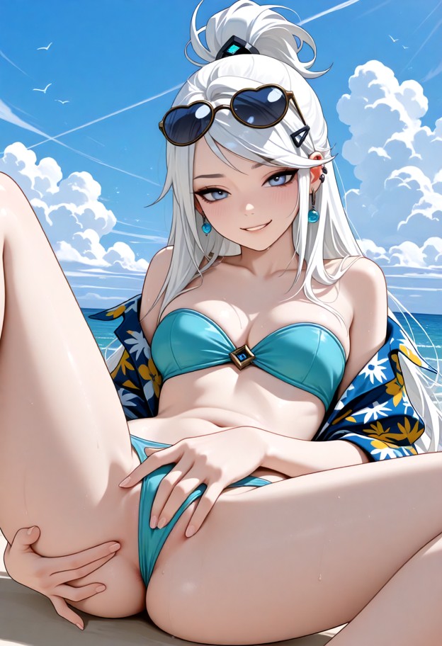 medium_breasts,hawaiian shirt,open shirt,no pants,strapless_bikini,bikini under clothes,hair heart-shaped sunglasses,…