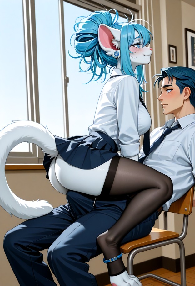 cat sitting on bulge in pants,erotic teasing,wearing school uniform,side view,girl is straddling,school,soft lighting…