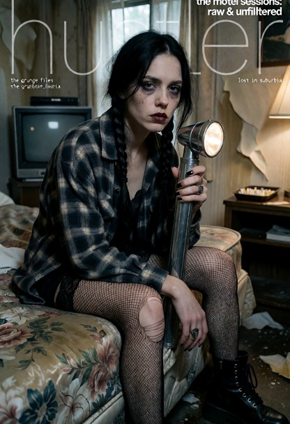1girl, female model, 1990s hustler magazine cover, grunge era adult editorial photography. the model is in a dimly li…