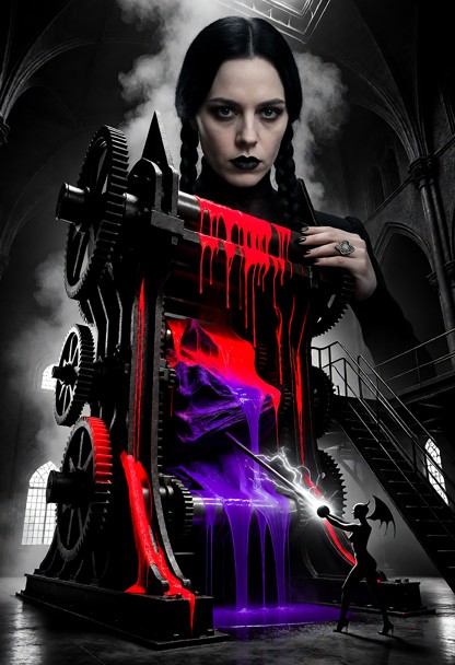 a monumental "sin city" noir masterwork focused on a colossal, steam-driven "nightmare press" in the center of a dark…