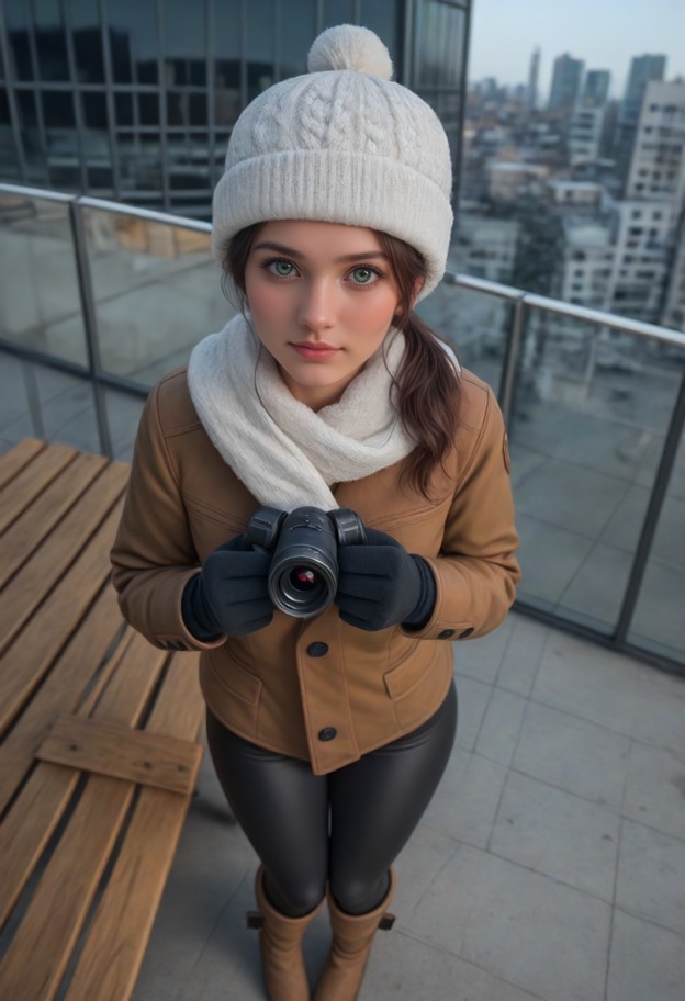1girl standing,black wool pea coat,white knitted wool scarf,black wool full mittens,gray close-fitting knitted hat,th…