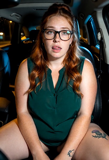 Location: night inside a car with soft dashboard illumination and dim streetlights passing through the windows, casti…