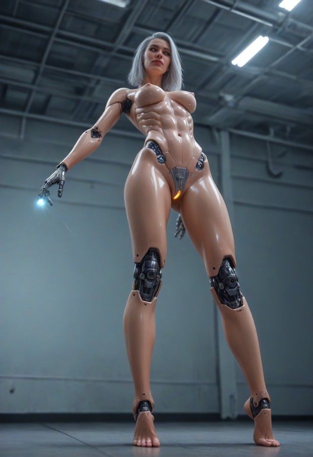 a dynamic full-body shot of a dance battle between a human woman and a 
heavy industrial robot. they are facing each …