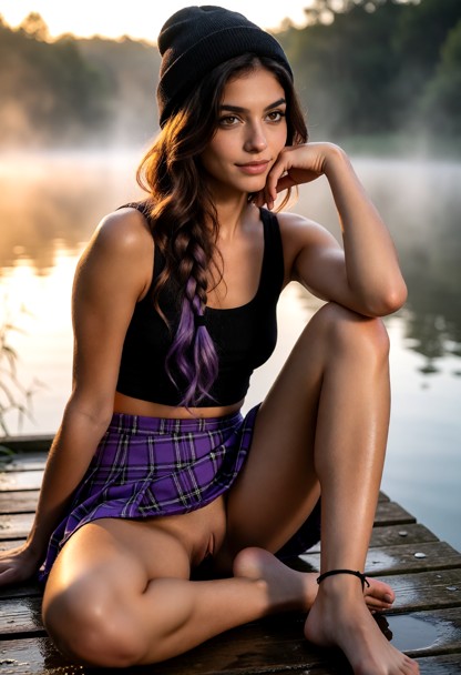 Scene in on a jutting wooden pier onto a mystic lake on a misty golden dawn. Nuria has a new hair style, long wavy ch…