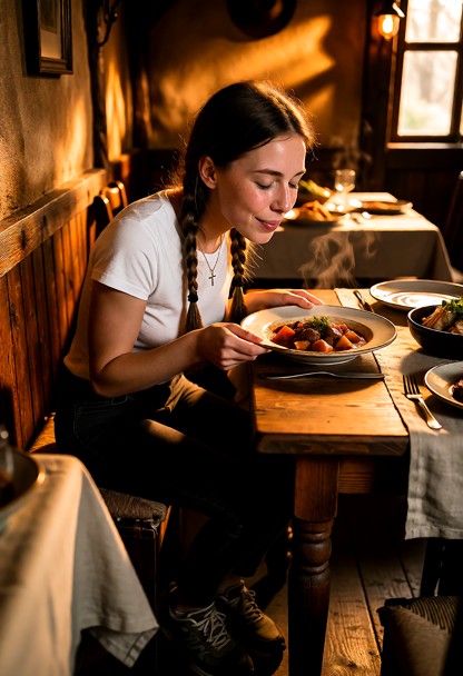 Location: a dim and cozy traditional restaurant with warm amber lighting, rustic wooden walls, and narrow aisles betw…