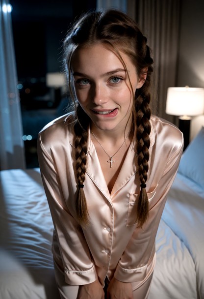 Location: a modern and minimalist hotel room in the deep night where dim moonlight and distant city glows filter thro…
